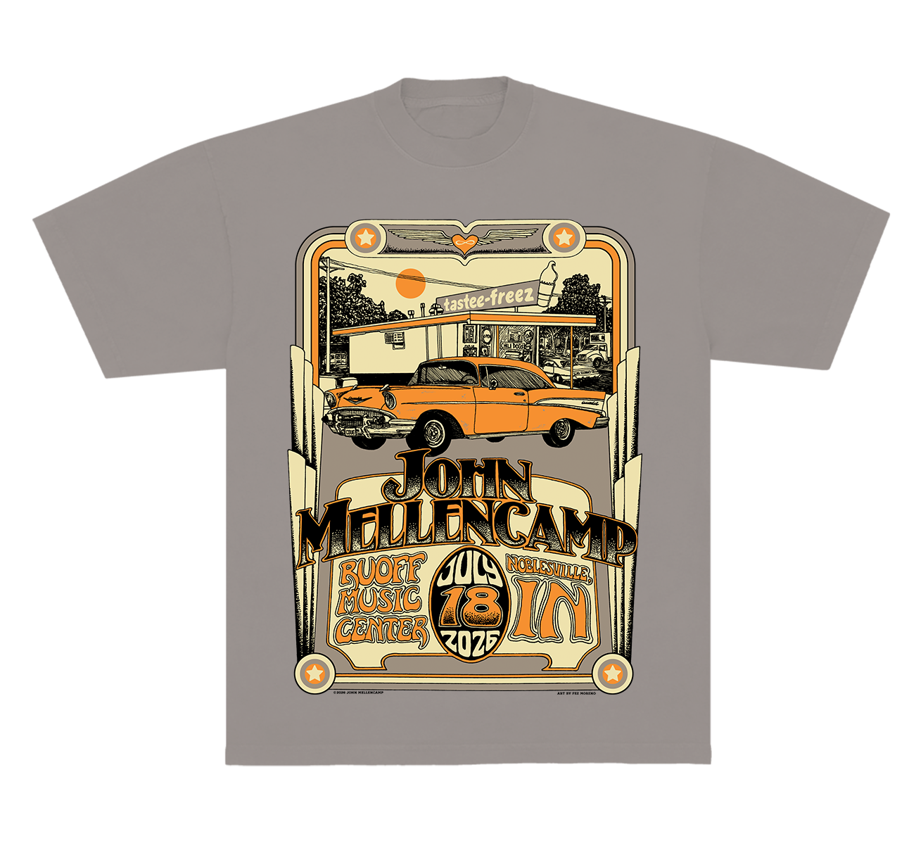 Grey tee shirt shown from the front featuring John Mellencamp show date and details and an orange design of a classic car outside of a tastee freeze