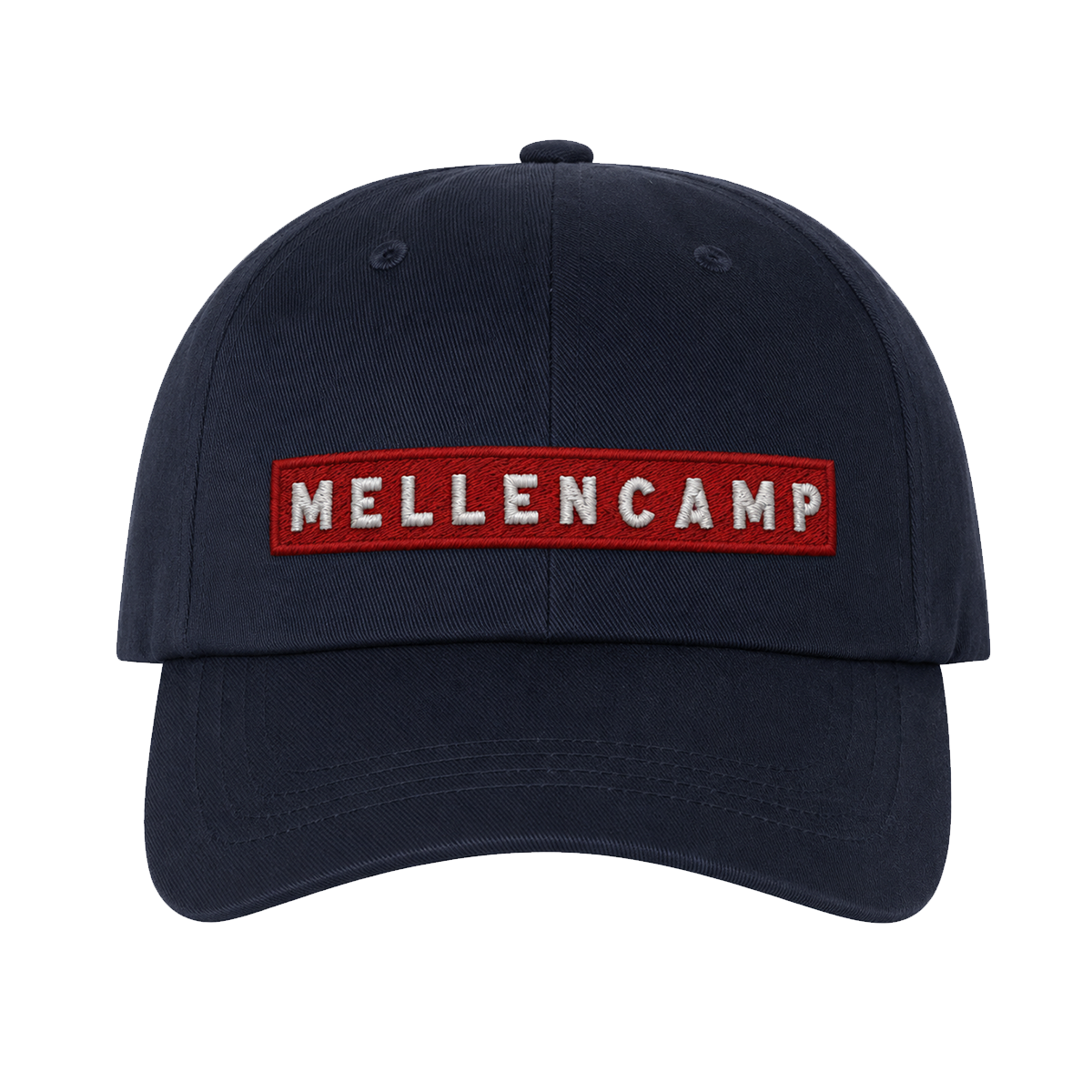 Navy hat with Mellencamp embroidered on the front. 