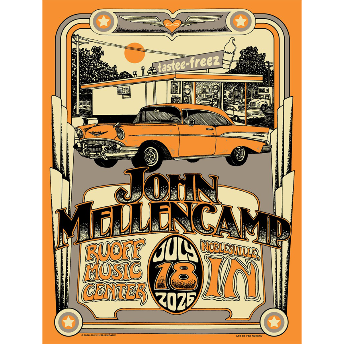 A vintage-style illustrated concert poster for John Mellencamp, featuring an orange classic car in front of a diner, with large text reading 'JOHN MELLENCAMP,' 'July 18 2026,' and 'Hobbsville, In.' The design uses orange, cream, black, and gray tones.