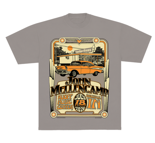 Grey tee shirt shown from the front featuring John Mellencamp show date and details and an orange design of a classic car outside of a tastee freeze