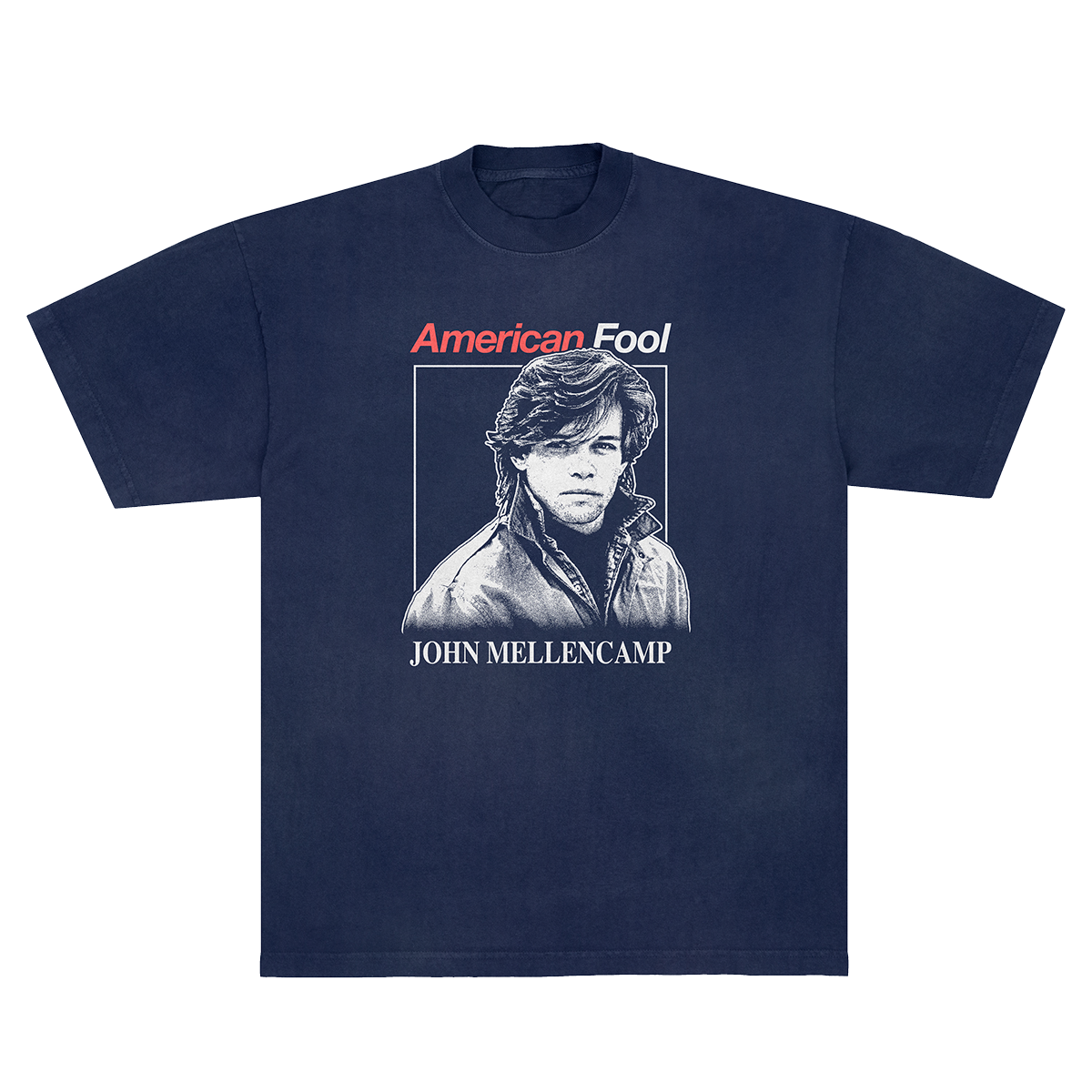 A navy blue short-sleeve t-shirt with a graphic print on the front. The graphic features the text 'American Fool' in red and white, a black-and-white portrait of John Mellencamp, and 'JOHN MELLENCAMP' printed below in white