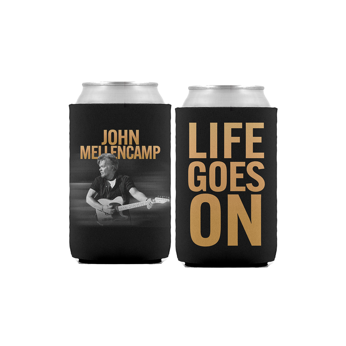 Black coozie featuring a photo of John Mellencamp on one side and "Life Goes On" text in gold on the other side.&nbsp;