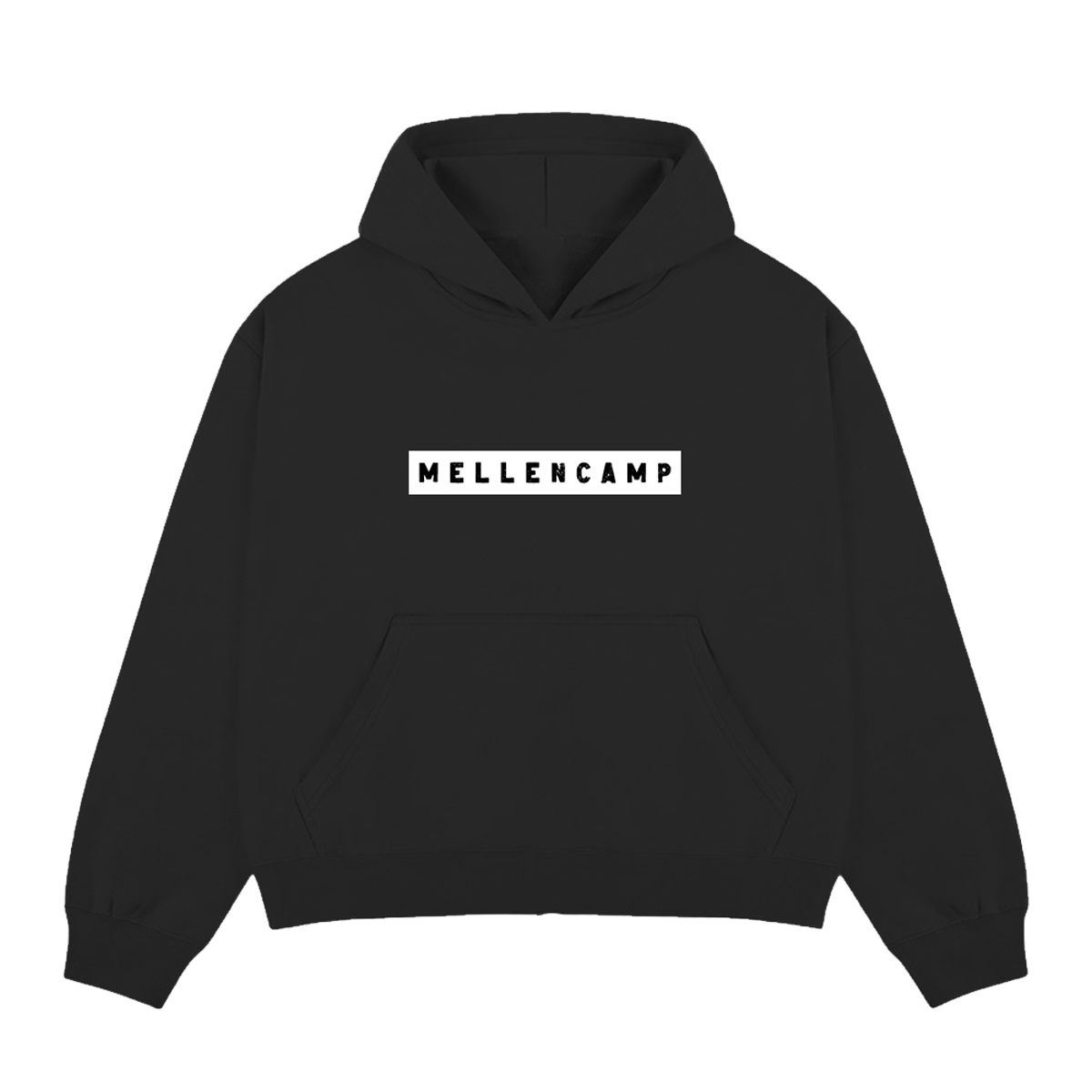 Black unisex pullover hoodie with Mellencamp embroidered on the front.