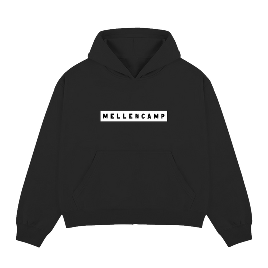 Black unisex pullover hoodie with Mellencamp embroidered on the front.