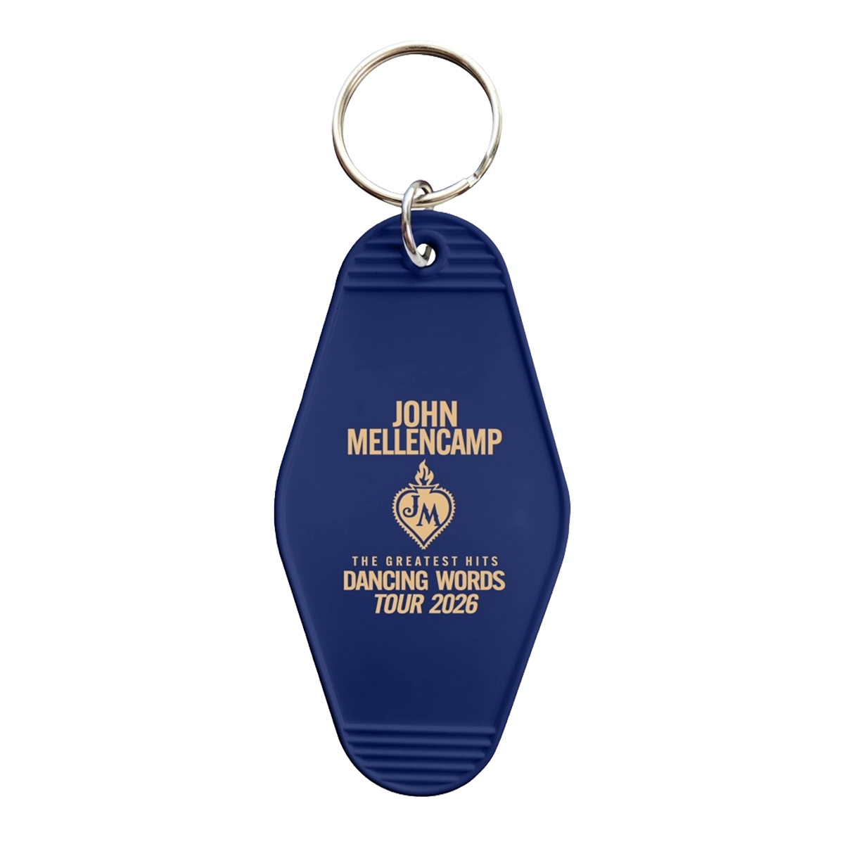 Blue keychain with John Mellencamp The Greatest Hits Dancing Words Tour 2026.