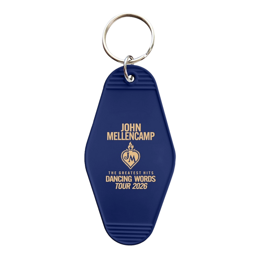 Blue keychain with John Mellencamp The Greatest Hits Dancing Words Tour 2026.