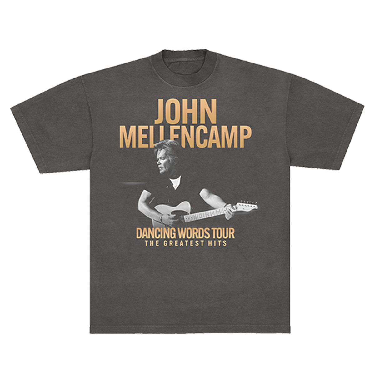 Gray unisex t-shirt with John Mellencamp photo on the front and Dancing Words 2026 Tour Dates on the back.