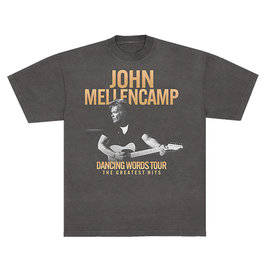 Gray unisex t-shirt with John Mellencamp photo on the front and Dancing Words 2026 Tour Dates on the back.
