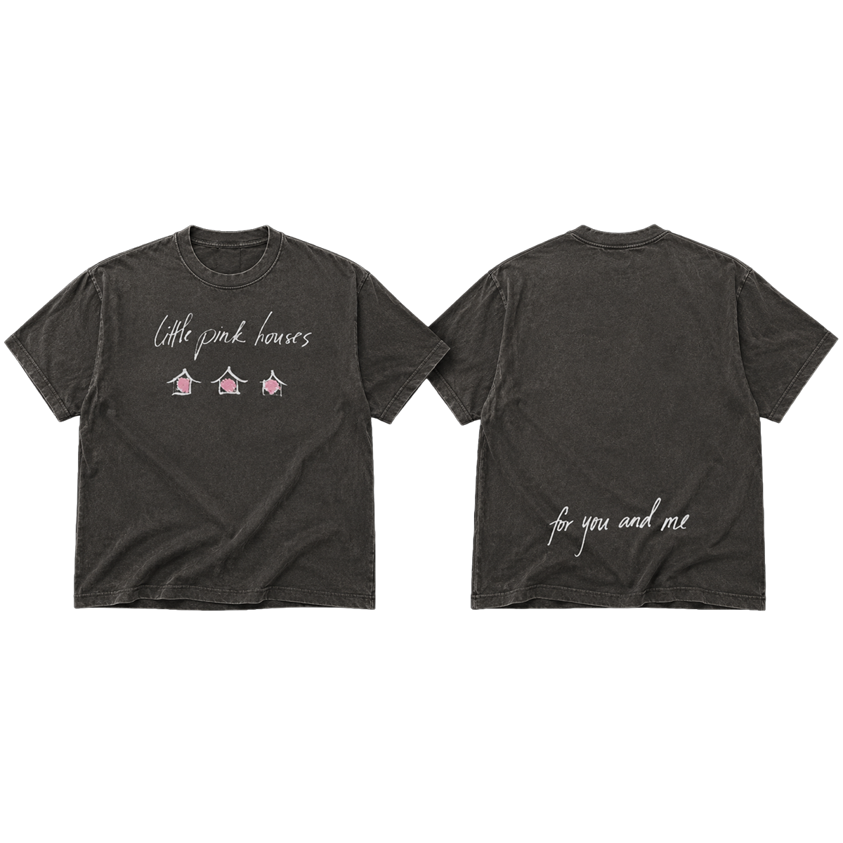 Gray t-shirt with "Little Pink Houses For You And Me" text in white with little pink house graphics 