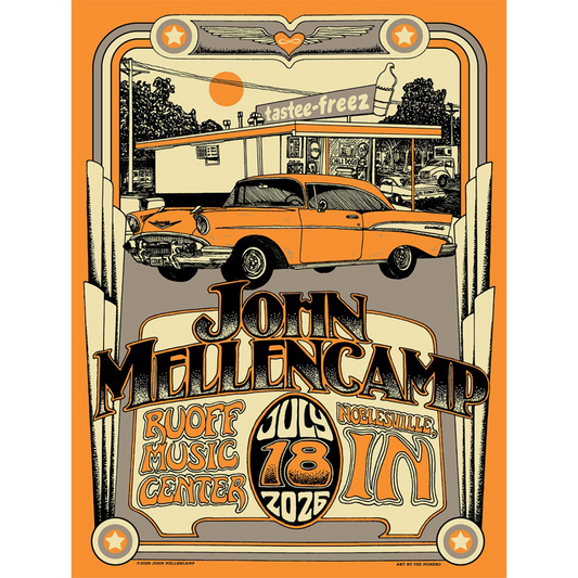 A vintage-style illustrated concert poster for John Mellencamp, featuring an orange classic car in front of a diner, with large text reading 'JOHN MELLENCAMP,' 'July 18 2026,' and 'Hobbsville, In.' The design uses orange, cream, black, and gray tones.