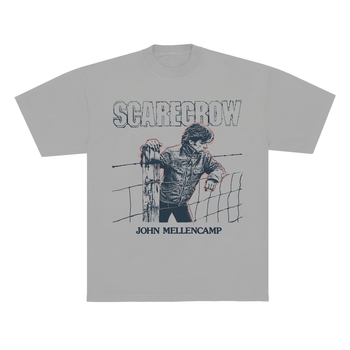 A light gray short-sleeve t-shirt featuring a distressed graphic print of John Mellencamp with the text 'SCARECROW' above and 'JOHN MELLENCAMP' below,