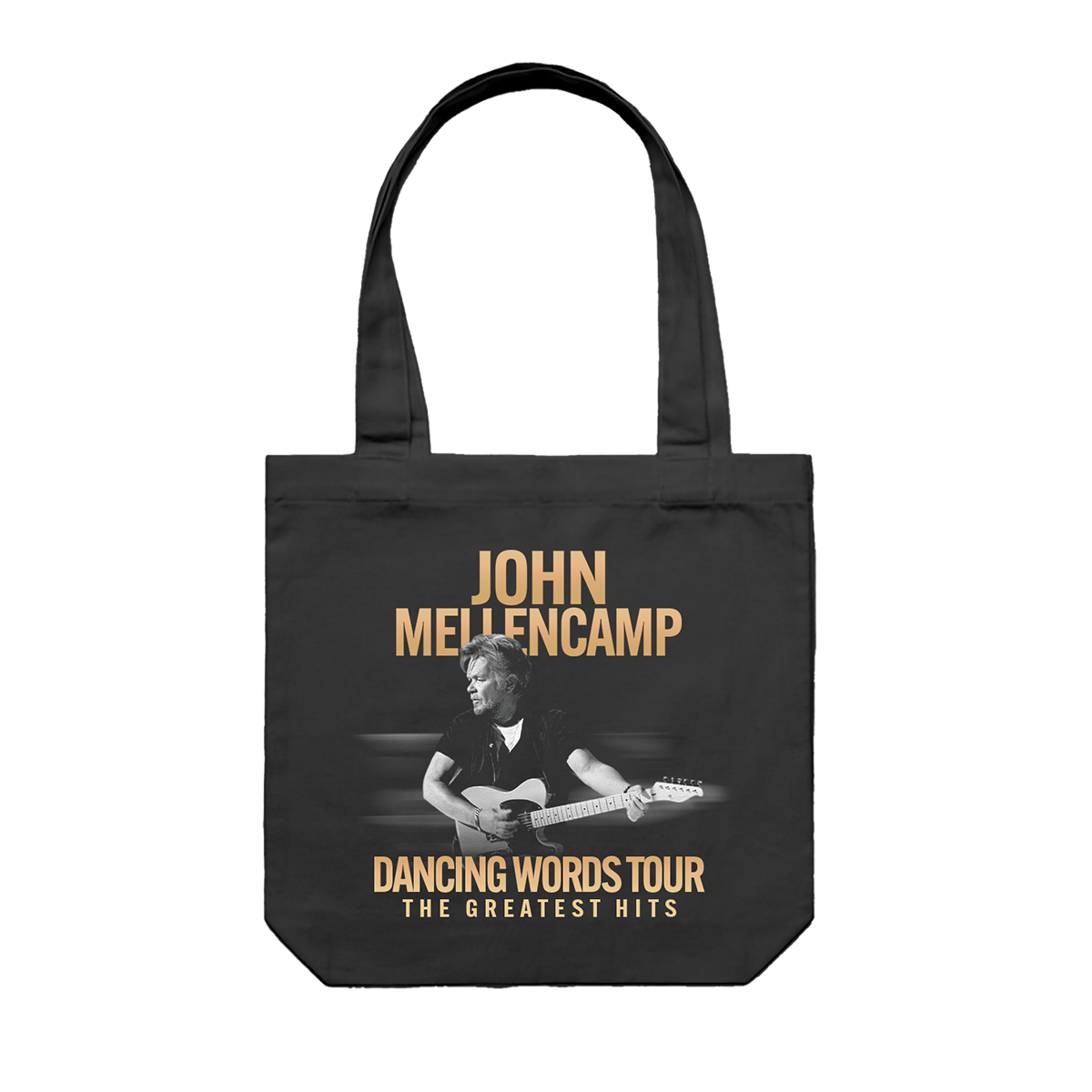 Black tote bag featuring a photo of John Mellencamp and "Dancing Words Tour The Greatest Hits" text.&nbsp;&nbsp;