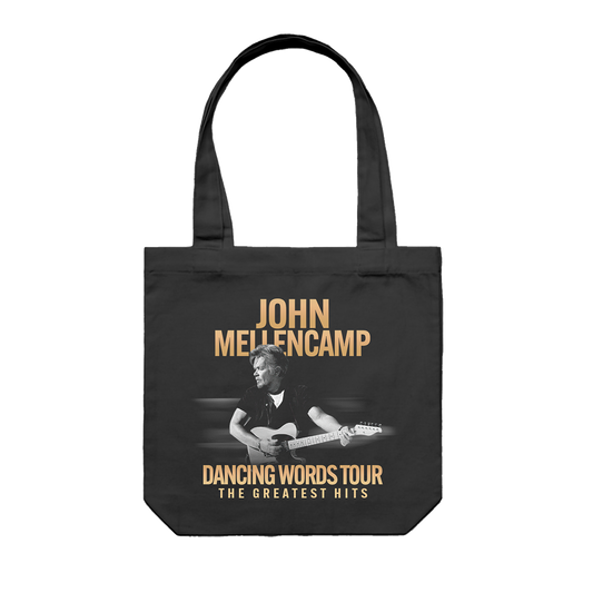 Black tote bag featuring a photo of John Mellencamp and "Dancing Words Tour The Greatest Hits" text.&nbsp;&nbsp;