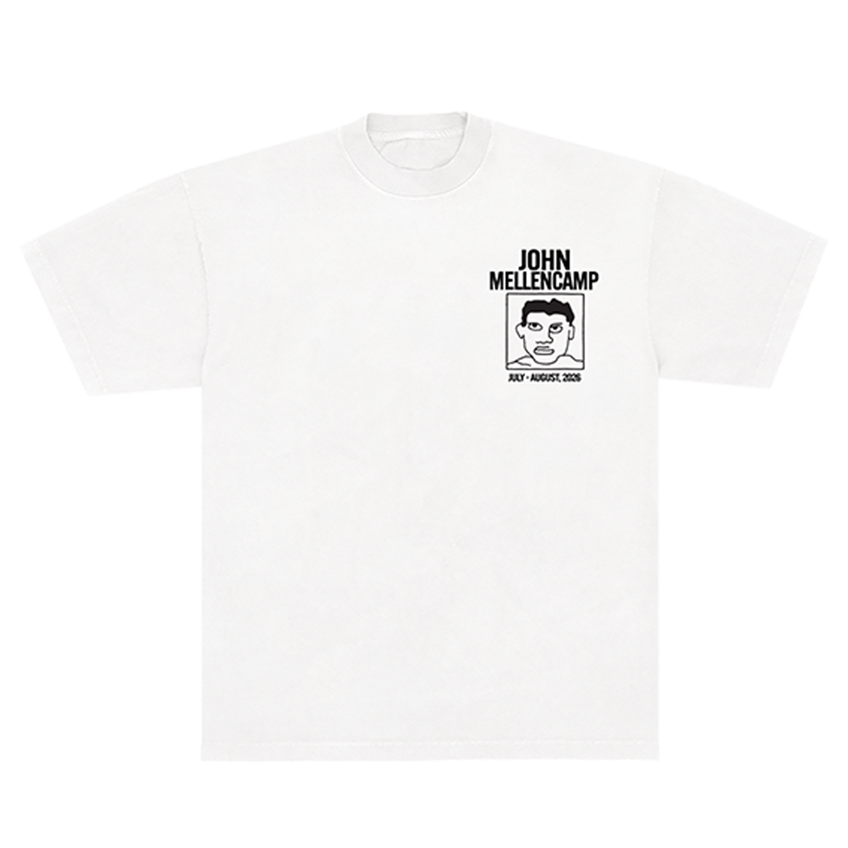 White unisex t-shirt with John Mellencamp graphic on the top right chest with July-August 2026 text in black. 
