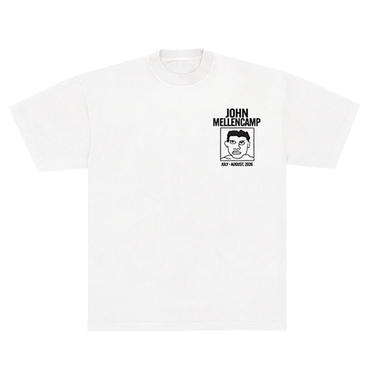 White unisex t-shirt with John Mellencamp graphic on the top right chest with July-August 2026 text in black. 